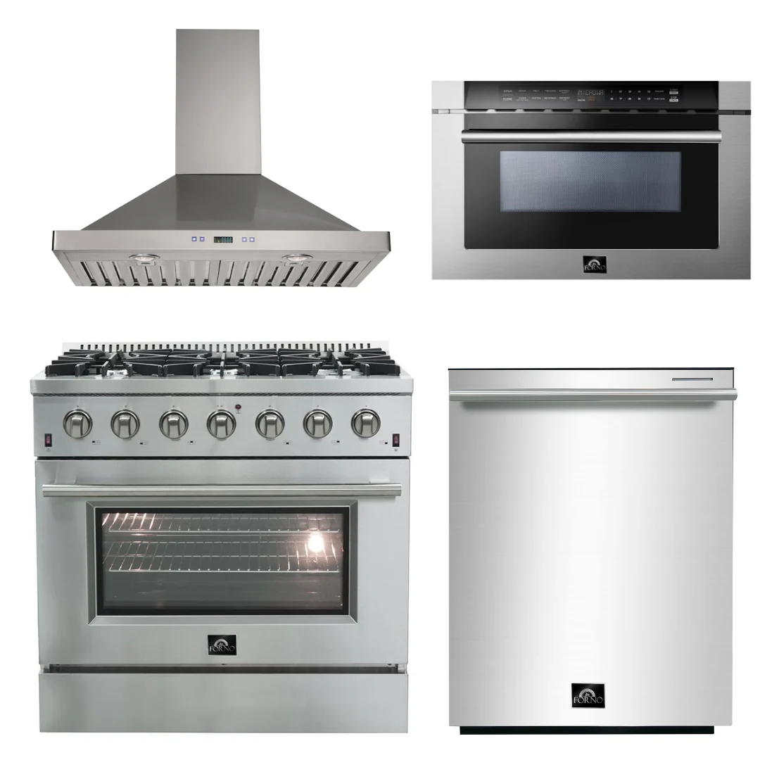 Forno Appliance Package - 36 Inch Gas Range, Wall Mount Range Hood, Microwave Drawer, Dishwasher, AP-FFSGS6244-36-W-6 - Inhomebuy
