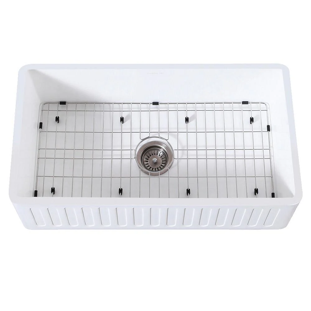 Kingston Brass 33 In. Farmhouse Kitchen Sink With Strainer And Grid, Matte White/Brushed, KGKFA331810RM - Inhomebuy