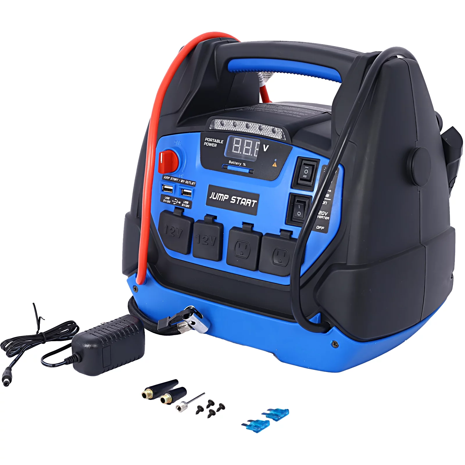 Rechargeable Jump Starter for Gas Diesel Vehicles - 1800 Amps with Air Compressor and AC, 12V DC, USB Power Station - Inhomebuy