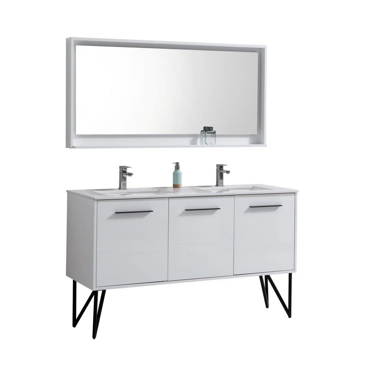 Bosco 60 in. Double Sink Modern Bathroom Vanity w/ Quartz Countertop and Matching Mirror - High Gloss White - Inhomebuy
