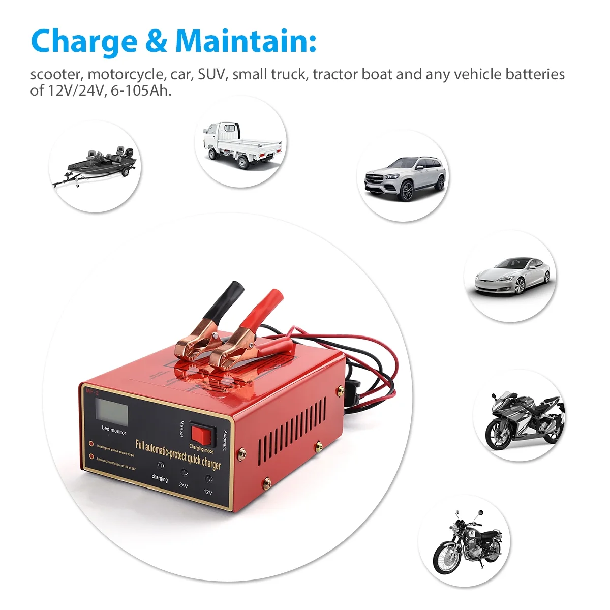 12V/24V Full Automatic Maintenance-free Car Battery Charger Smart Fast Power Charging for Scooter, Motorcycle, Car, Tractor Boat - Inhomebuy
