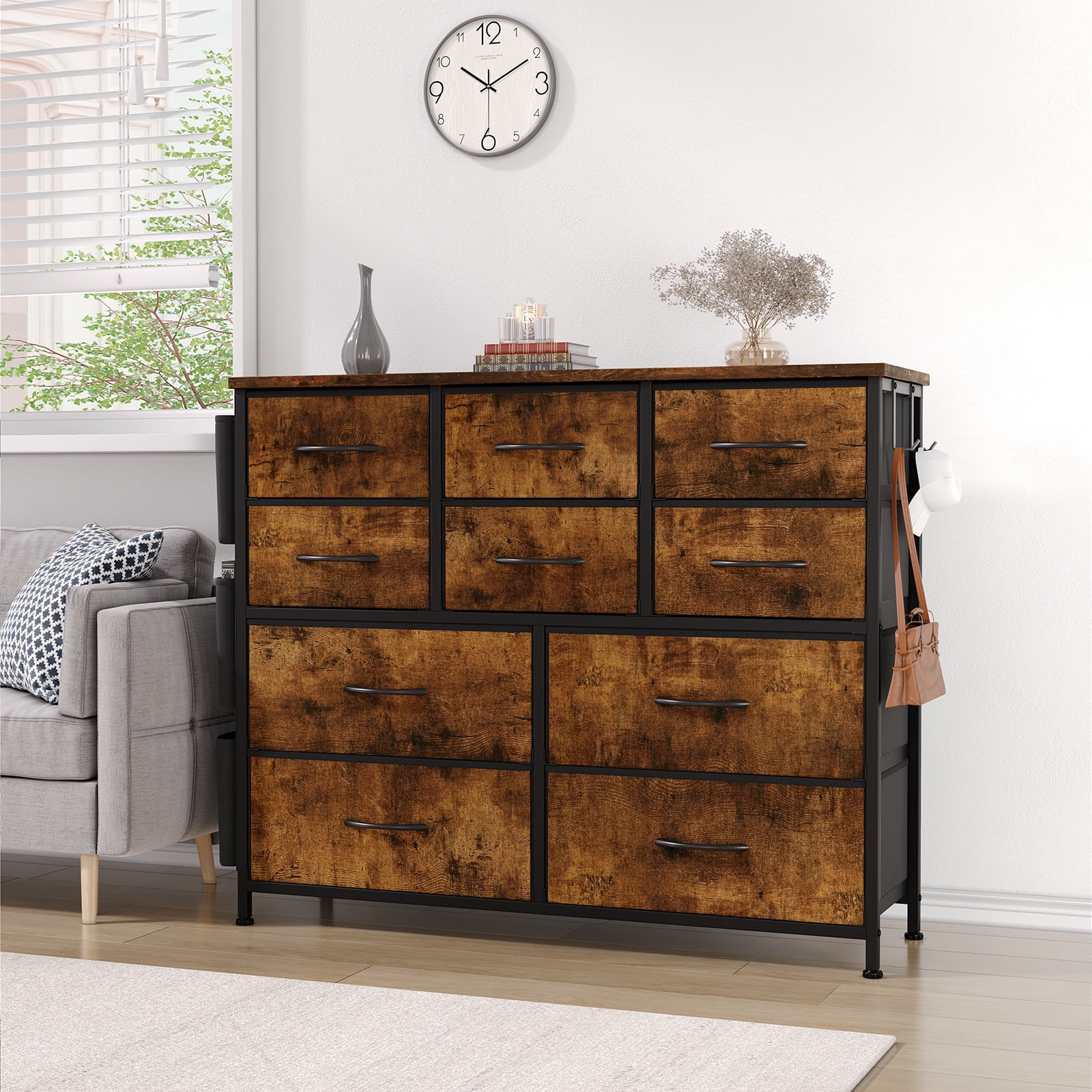 Zzistar 10 Drawers Dresser, Wood Top Dresser Chests of Drawers Storage Organizer Unit with Fabric Drawer - Inhomebuy