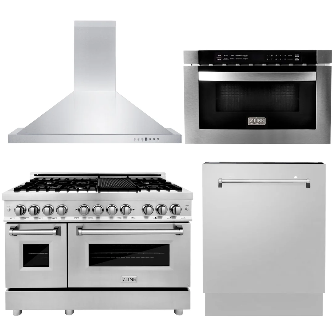 ZLINE Appliance Bundle - 48 In. Dual Fuel Range, Range Hood, Microwave Drawer, 3 Rack Dishwasher Package, AB-RA48-5 - Inhomebuy