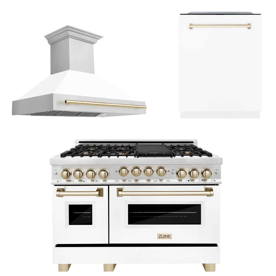 ZLINE Autograph Package - 48 In. Gas Range, Range Hood, Dishwasher in White Matte with Gold Accents, 3AKP-RGWMRHDWM48-G - Inhomebuy