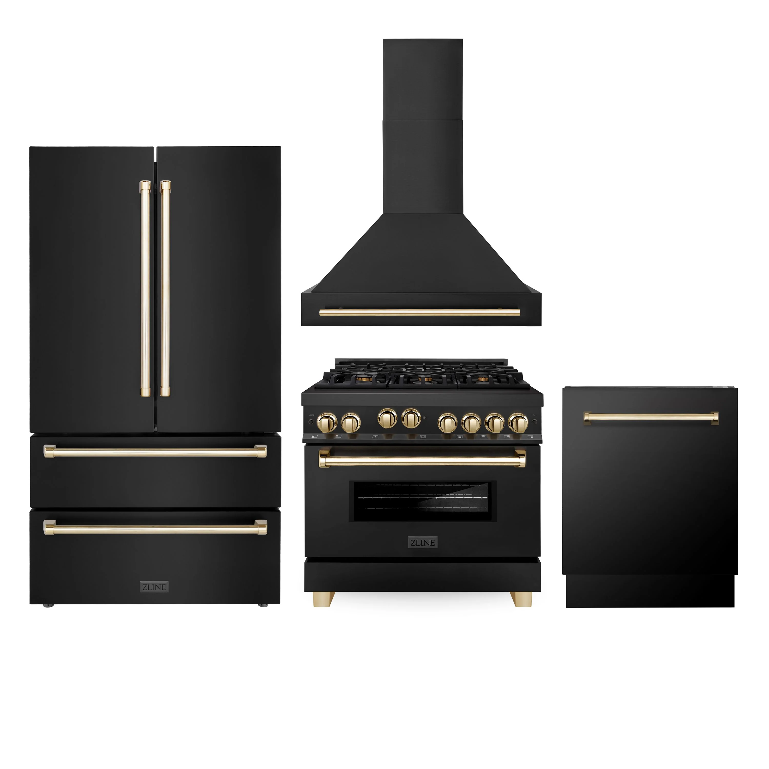 ZLINE Autograph Package - 36 In. Gas Range, Range Hood, Refrigerator, and Dishwasher in Black Stainless Steel with Gold Accents, 4AKPR-RGBRHDWV36-G - Inhomebuy