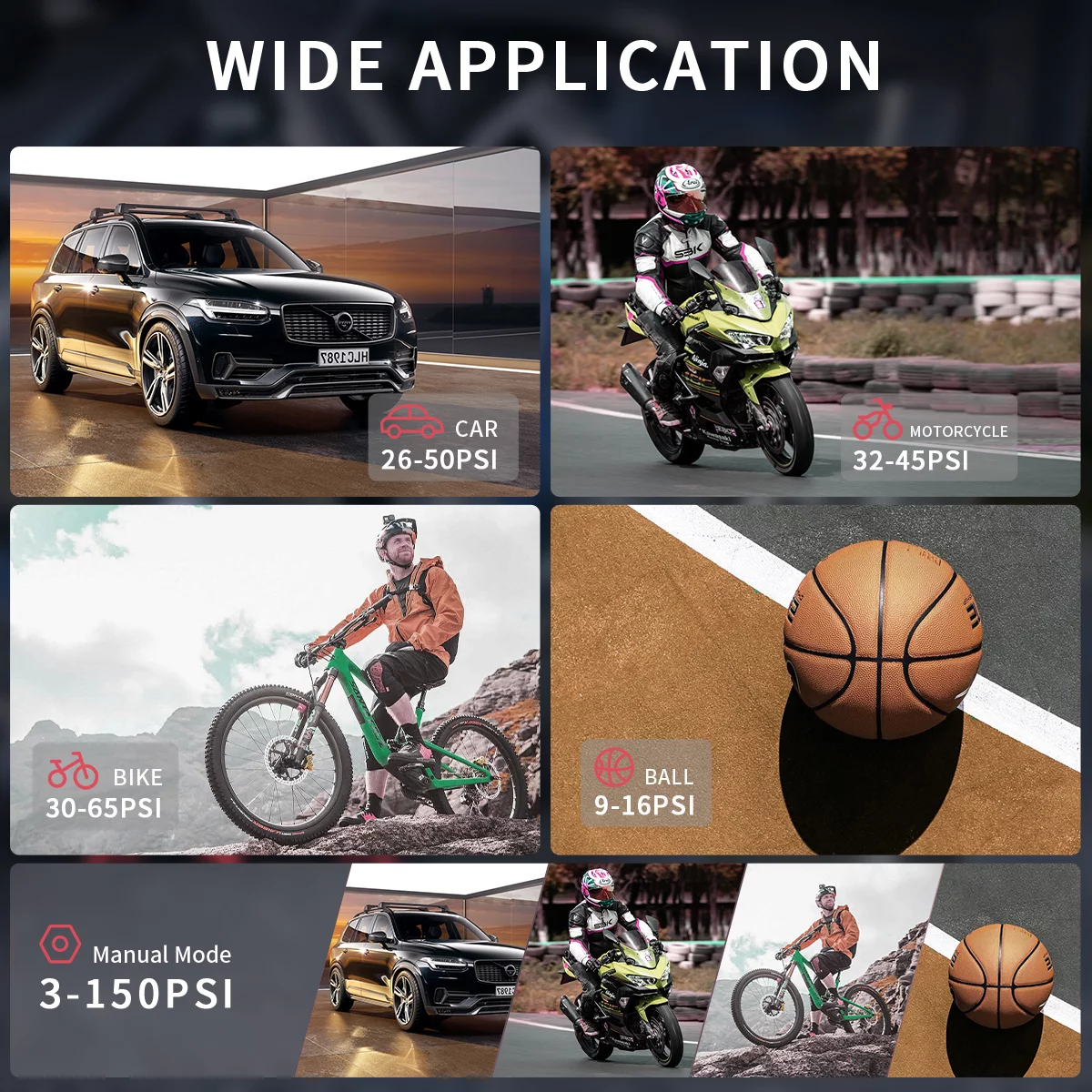 Tire Inflator, Portable Air Compressor, 150 PSI Fast Inflation & Cordless Tire Pump with Rechargeable 6000mAh Battery, Electric Air Pump for Car, Bicycle, Motorcycles, Ball - Inhomebuy