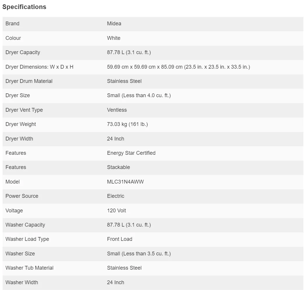 MIDEA 24 IN. 3.1 CU.FT. ALL IN ONE VENTLESS WASHER DRYER COMBO - MLC31N4AWW - Inhomebuy