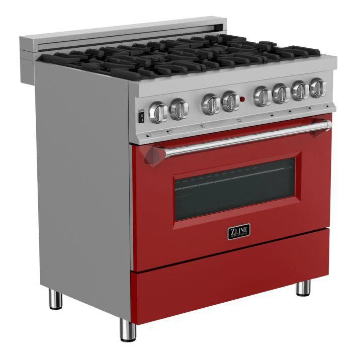 ZLINE 36 in. Professional Gas Burner/Electric Oven in DuraSnow® Stainless with Red Matte Door, RAS-RM-36 - Inhomebuy
