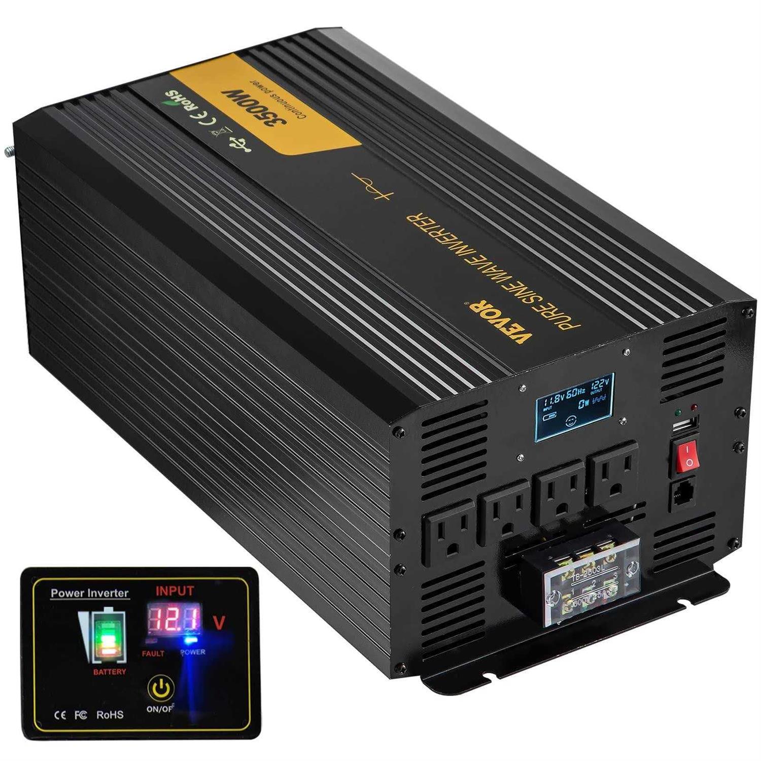 VEVOR Pure Sine Wave Inverter 3500 Watt Power Inverter, DC 12V to AC 120V Car Inverter, with USB Port LCD Display Remote Controller and AC Outlets - Inhomebuy