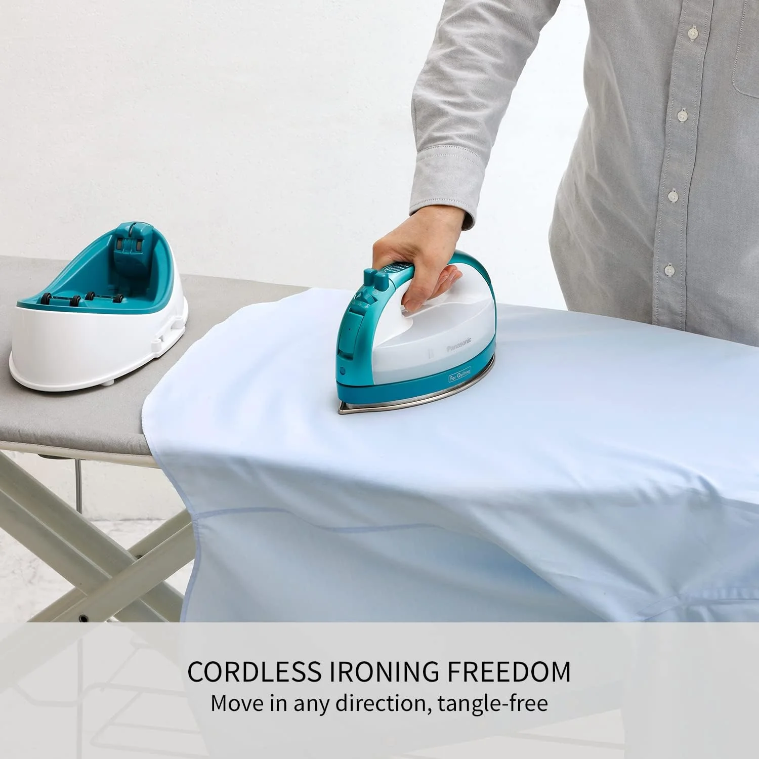 Panasonic Cordless Iron: 360-Quick, cordless, nickel-coated stainless steel soleplate, with vertical steam, 1500W, blue & white | NI-QL1000 - Inhomebuy