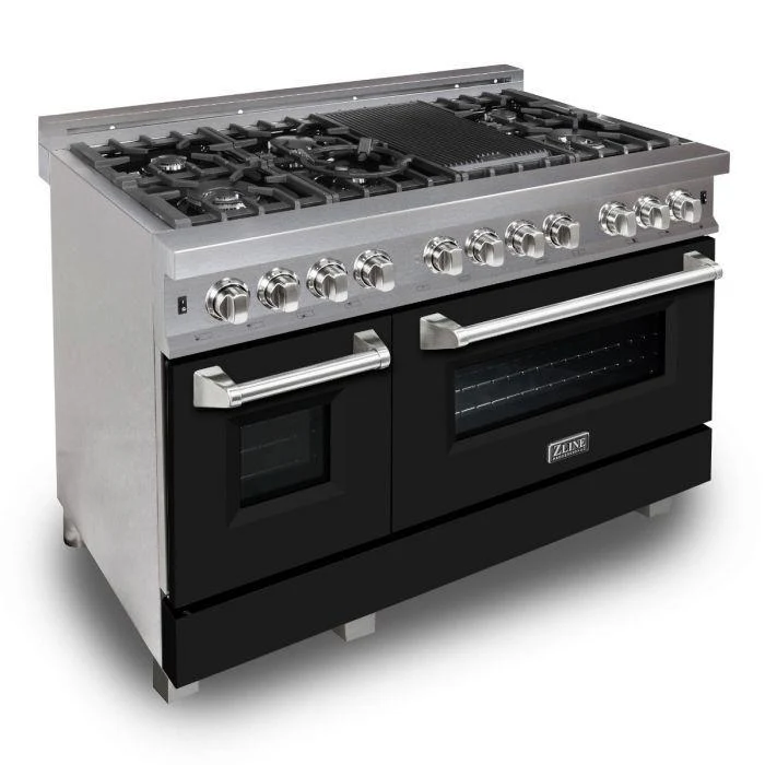 ZLINE 48 in. Professional Gas Burner/Electric Oven DuraSnow® Stainless 6.0 cu.ft. 7 Range with Black Matte Door, RAS-BLM-48 - Inhomebuy
