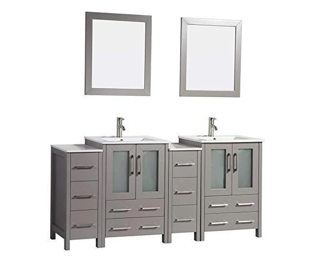 Vanity Art 72 in. Double Sink Vanity Cabinet with Ceramic Sink & Mirror - Grey, VA3024-72G - Inhomebuy