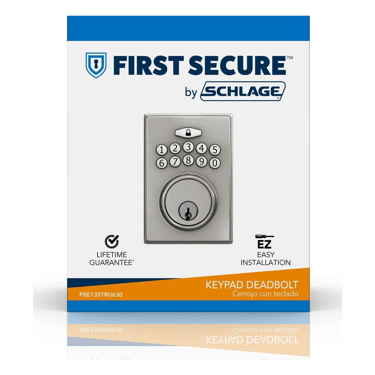First Secure by Schlage Presley Keypad Electronic Door Lever Lock with Truss Trim in Satin Stainless Steel for Interior or Exterior Door - Inhomebuy