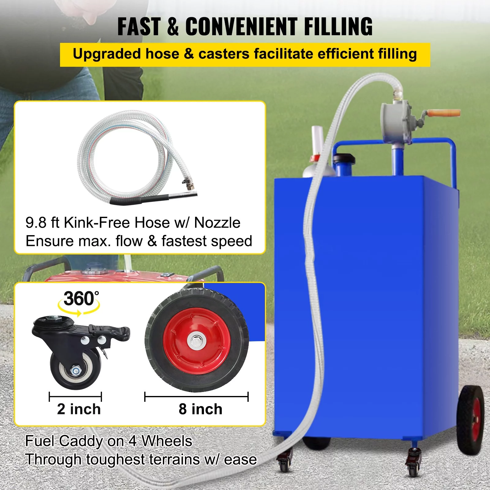 BENTISM Fuel Caddy, 30 Gallon, Gas Storage Tank & 2 Wheels, with Manuel Transfer Pump, Gasoline Diesel Fuel Container for Cars, Lawn Mowers, ATVs, Boats, More, Yellow - Inhomebuy