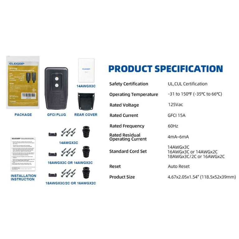 ELEGRP 4.67 in. 15 Amp Auto Reset 3 Prong Portable GFCI Replacement Right Angle Plug Assembly - Inhomebuy