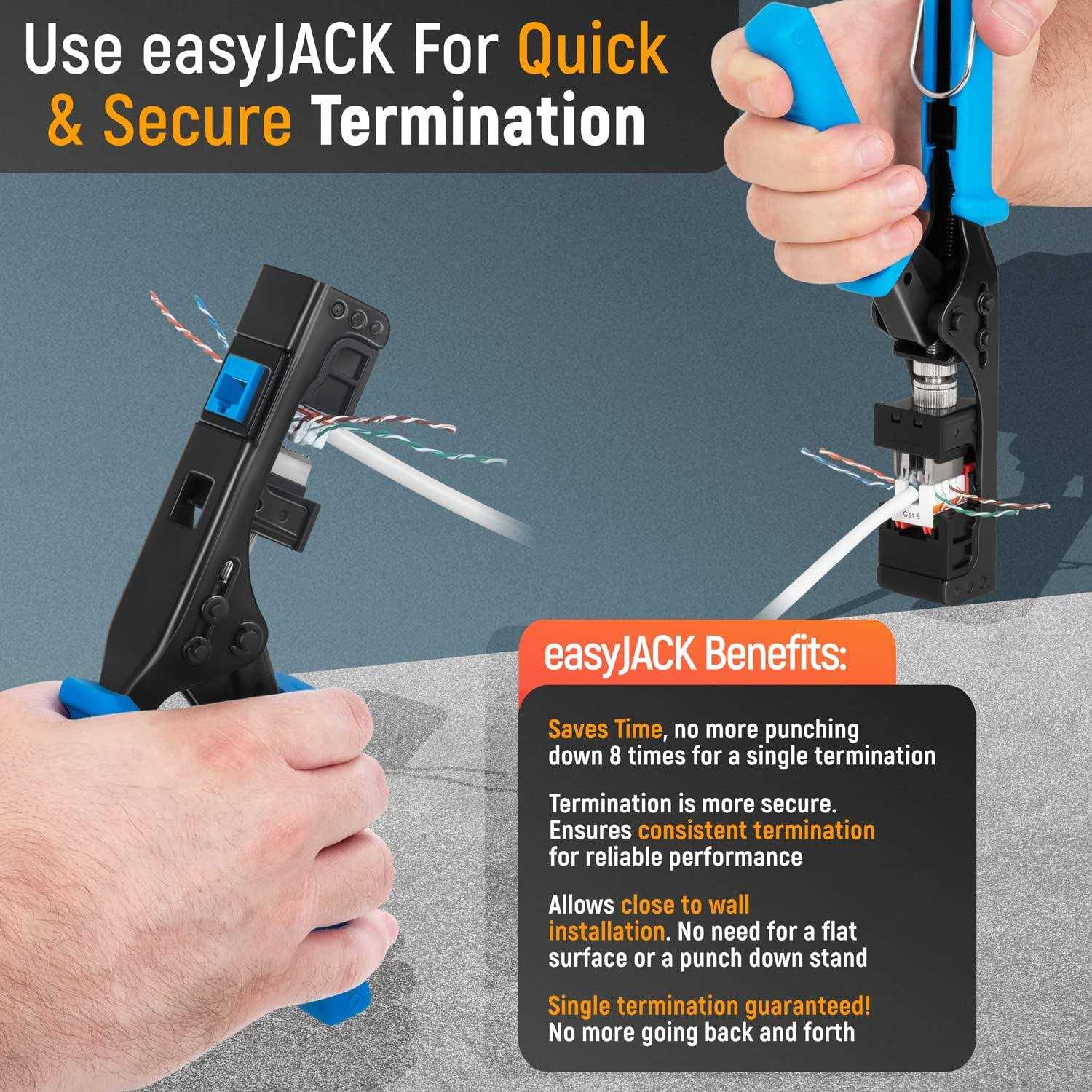 Everest Media Solutions easyJACK 90° Angled Speed Termination Tool with 10 Blue & 10 White Cat6 Keystone Jacks - Inhomebuy