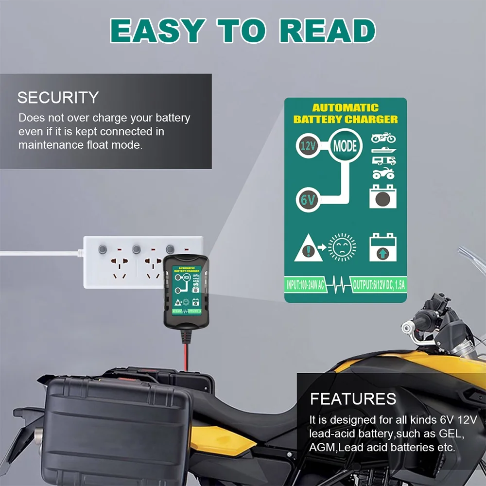 Automatic Battery Charger Maintainer Motorcycle Trickle Float Charger 6V 12V 1.5Amp for Motorcycles, Cars and ATVs - Inhomebuy