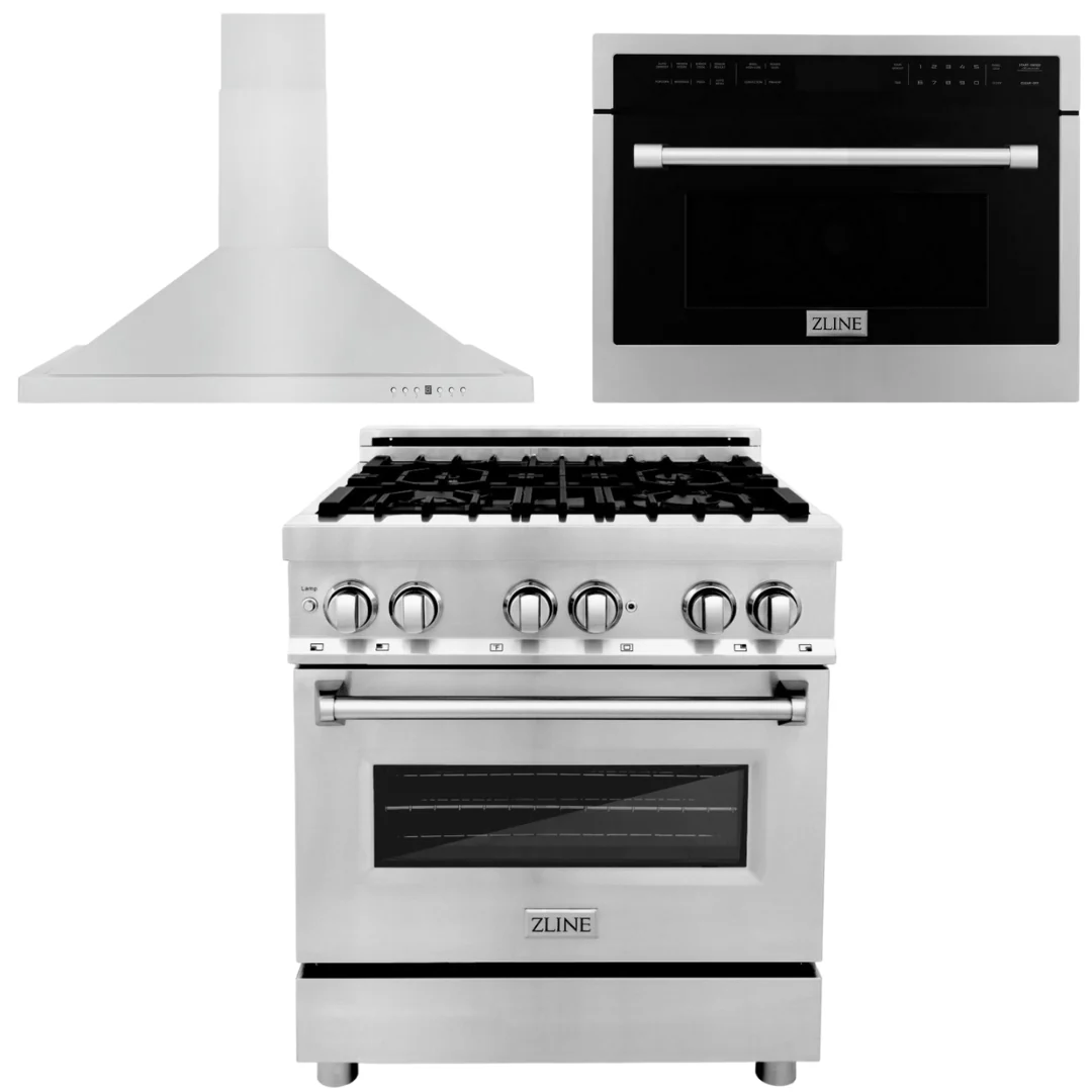 ZLINE Appliance Package - 30 in. Gas Range, 30 in. Range Hood, Microwave Oven, 3KP-RGRHC30-DWV - Inhomebuy