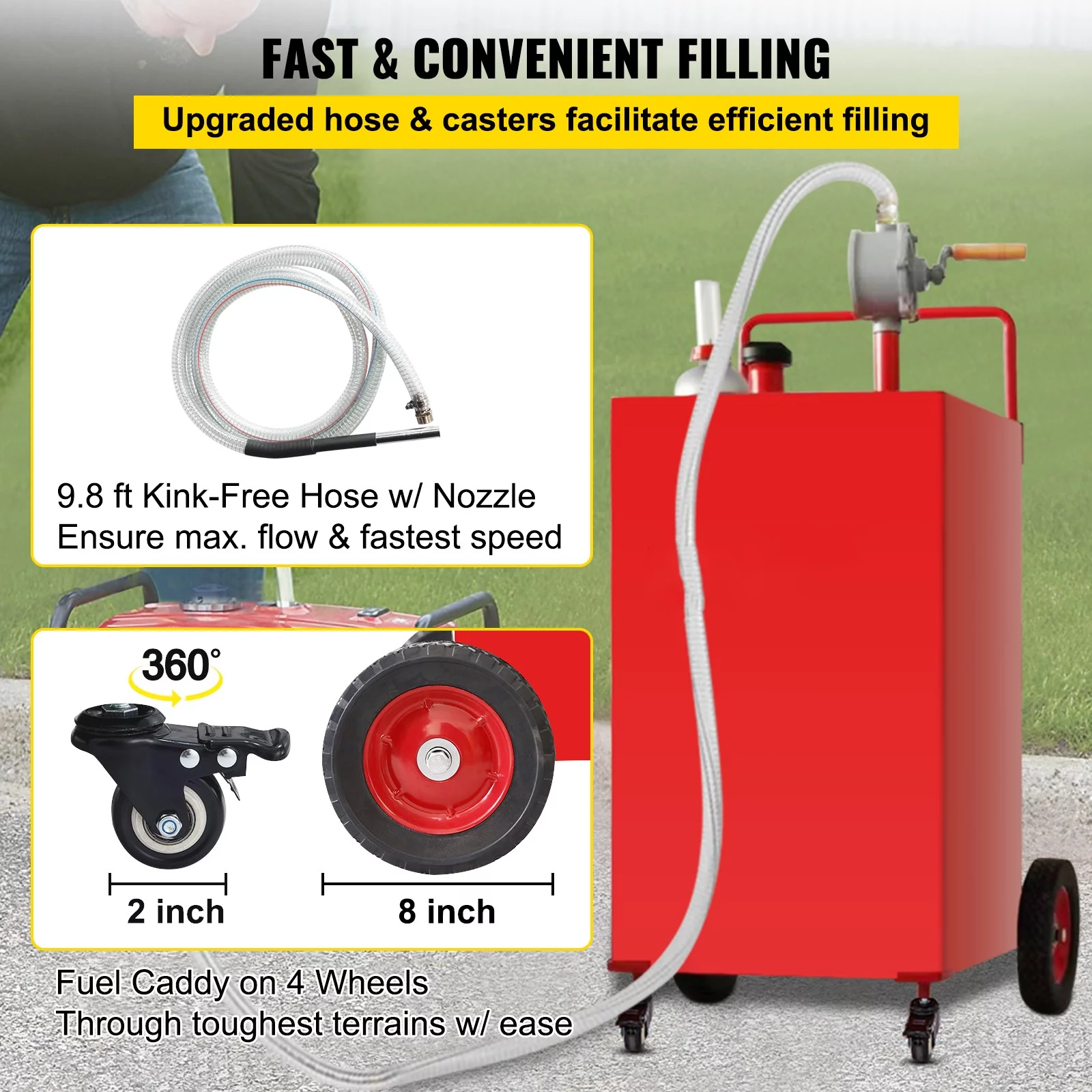 BENTISM Fuel Caddy, 30 Gallon, Gas Storage Tank & 2 Wheels, with Manuel Transfer Pump, Gasoline Diesel Fuel Container for Cars, Lawn Mowers, ATVs, Boats, More, Yellow - Inhomebuy
