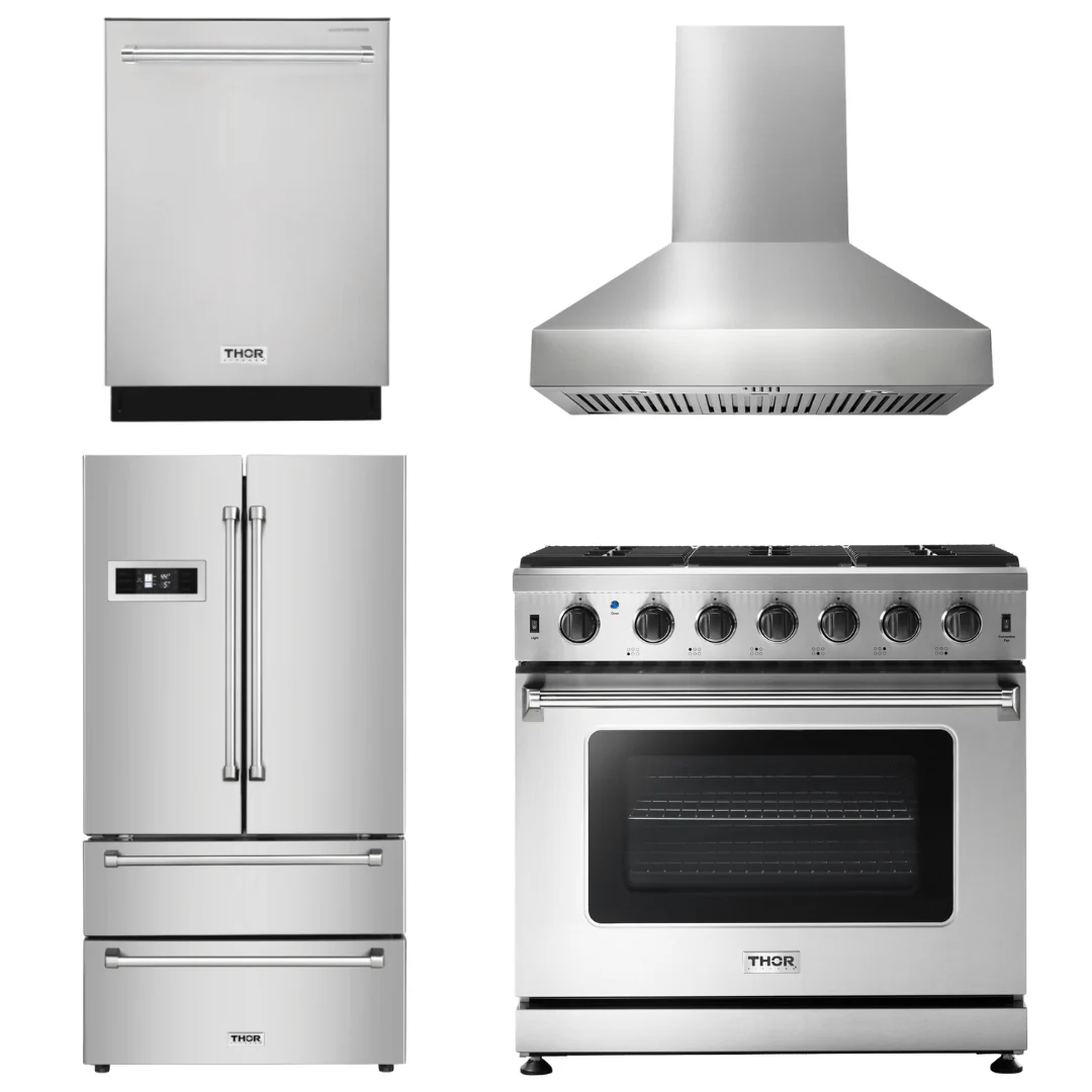 Thor Kitchen Package - 36 In Gas Range, Range Hood, Refrigerator, Dishwasher, AP-LRG3601U-W-2 - Inhomebuy